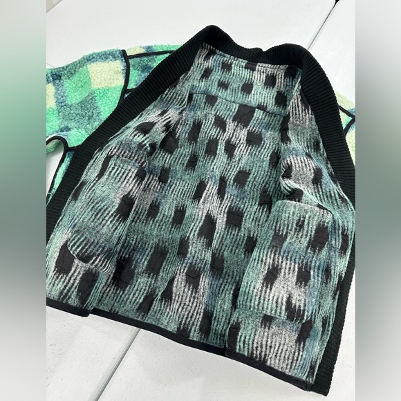 Highland Park Textured Plaid Sherpa Jacket Green Black Trim Streetwear Grunge L - Picture 7 of 10